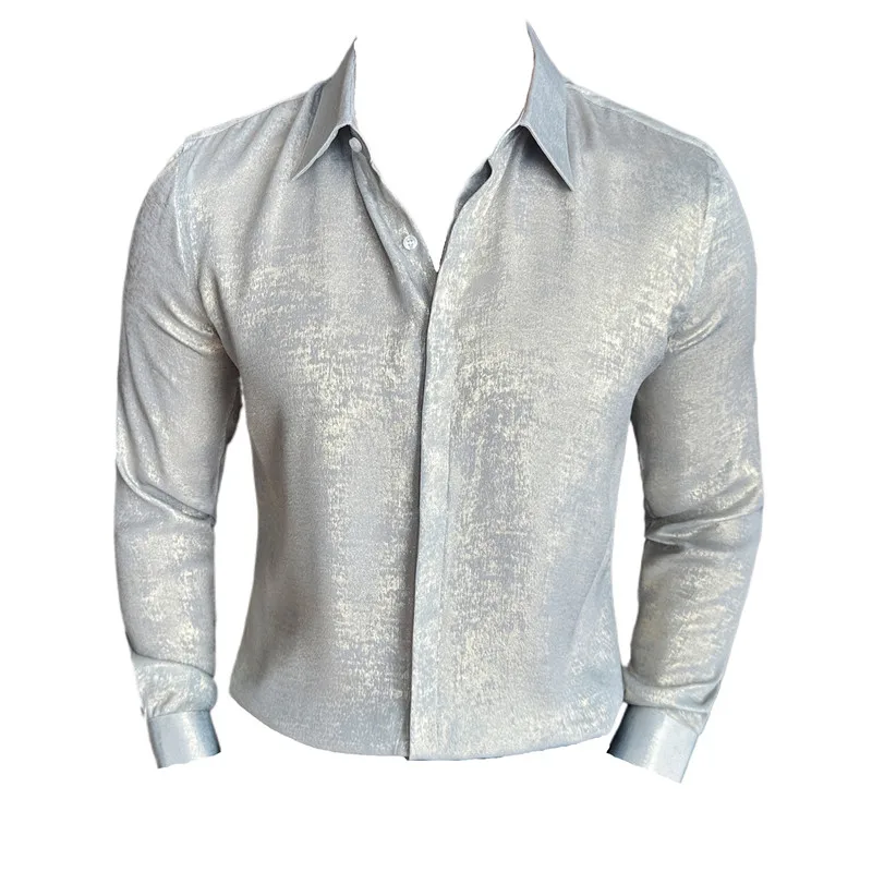Camicie lucide per uomo camicia sociale da uomo a maniche lunghe in tinta unita di alta qualità Slim Fit antirughe Club Prom Tuxedo Dress 4xl-m