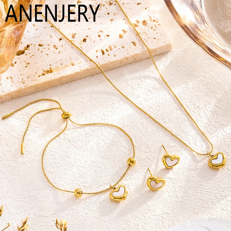 ANENJERY L316 Stainless Steel Shell Love Heart Necklace Bracelet Earrings for Women Simple Clavicular chain Jewelry Set Gift