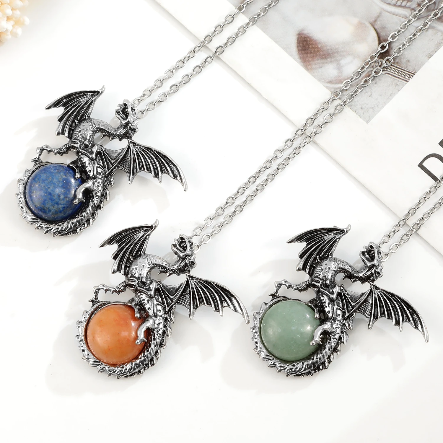 VGDS Animal Vintage Domineering Dragon Men Pendants Natural Crystal Quartz Jasper Gemstone Charms Jewelry Necklaces for Women