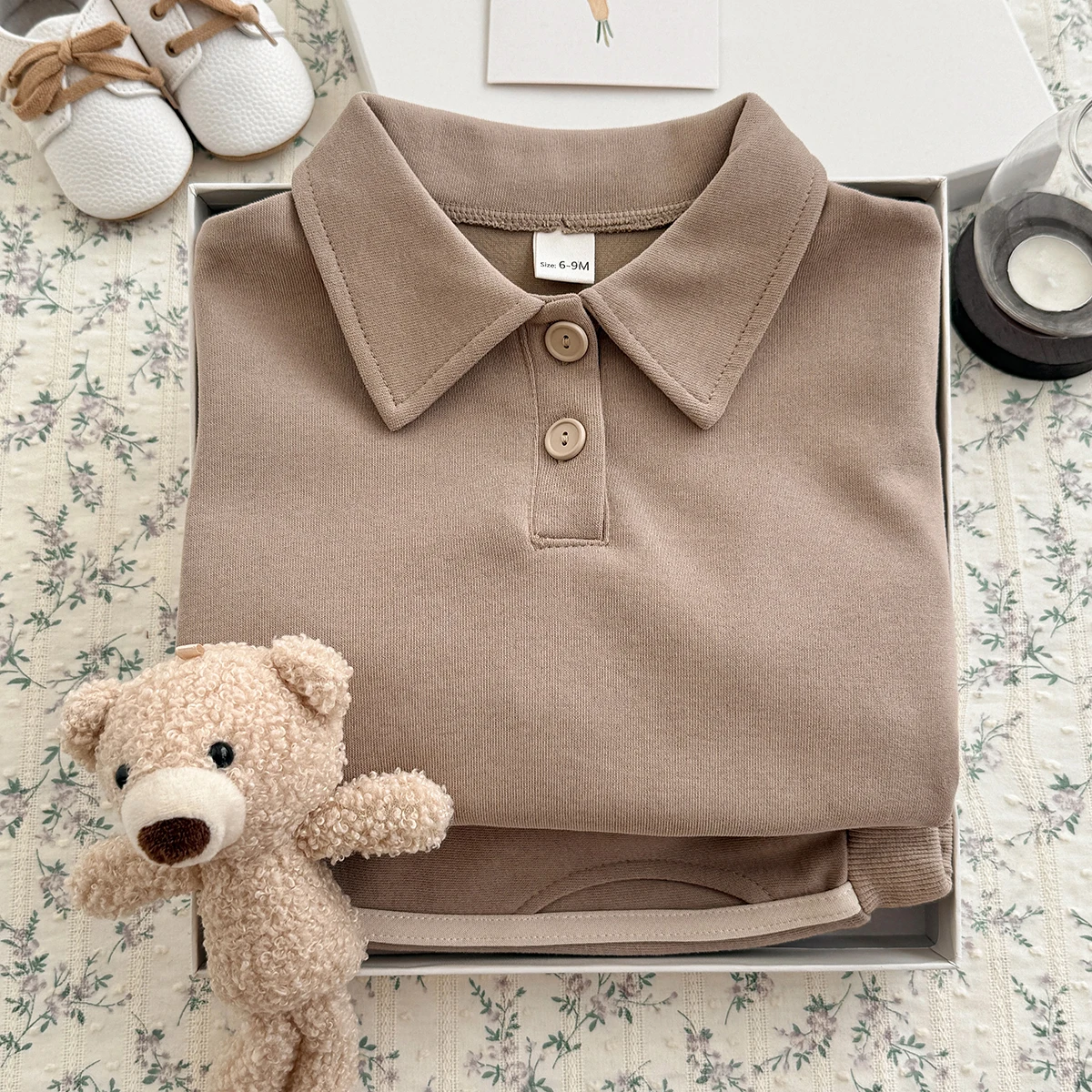 Spring Autumn Solid Knit Baby Tracksuit Basic Polo Top Side Striped Cuffed Pants Comfort Boys Girls Home Wear
