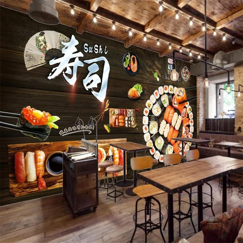 Custom Black Wood Board Renovation Wall Paper 3D Japanese sushi Restaurant Industrial Decor Wall Painting 3D Photo Wallpapers