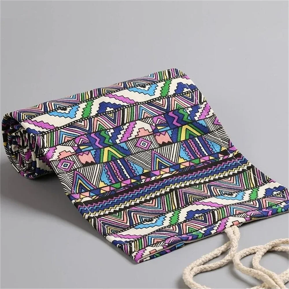 Handmade Canvas Pen Curtain 36/48/72 Holes Paintings Pencil Bag Student Colored Pencil Brush Stationery Storage Bag Cosmetic Bag