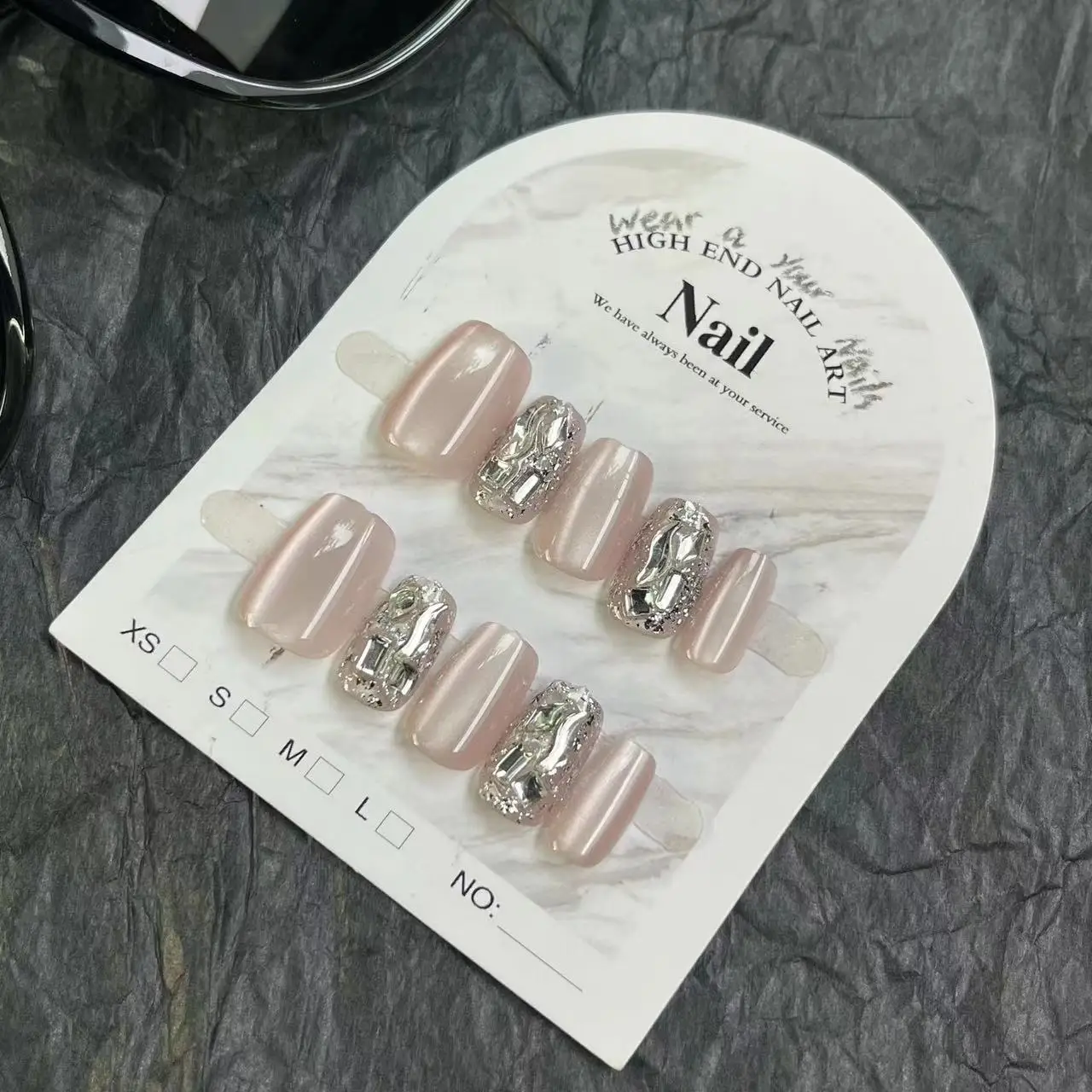 Short Cat Eye 10pcs Nude False Nails Fake Nail Reusable Design Ballet Rhinestone Wearable Full Cover Glitter Nail Tips