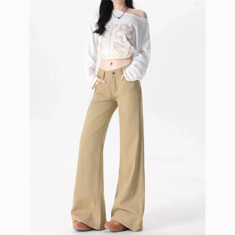 

Autumn Women Solid Color Cowboy Trousers American Ladies Fashion High Waist Flared Jeans Female Casual Wide-leg Denim Pantalons