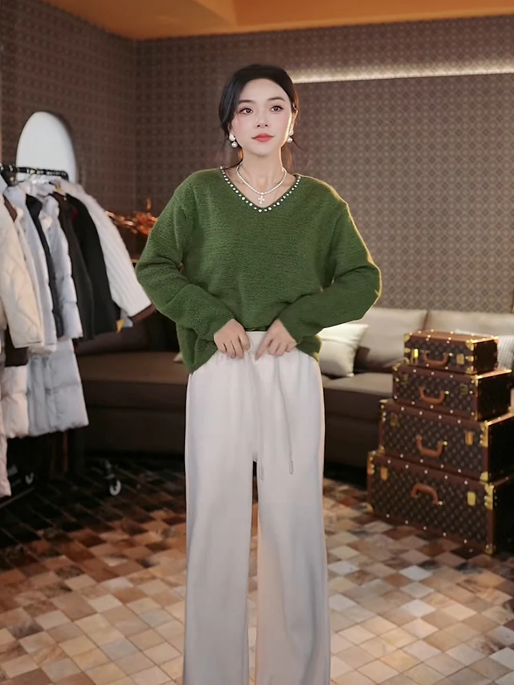 

Ultra Soft Pearl Rhinestone V-Ne Sweater Casual Loose Fit Women's Faion 2025 New Arrival Comfortable Long Sve Knitwear