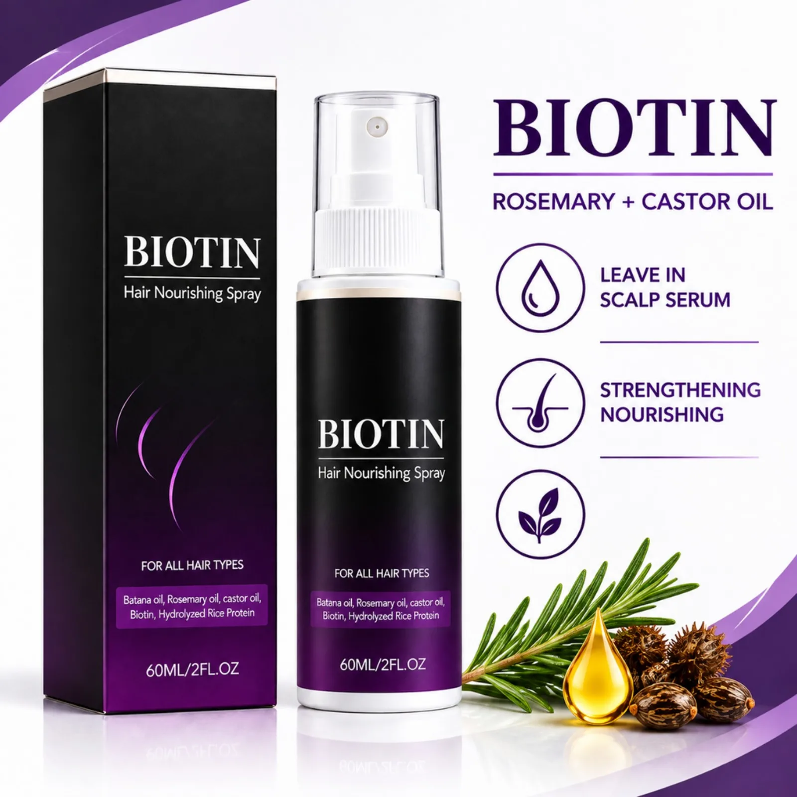 Biotin Hair Nourishing Spray 60ml Improve Frizzy Hair Soft Shine Easy Combing Lightweight for All Hair Types Daily Care