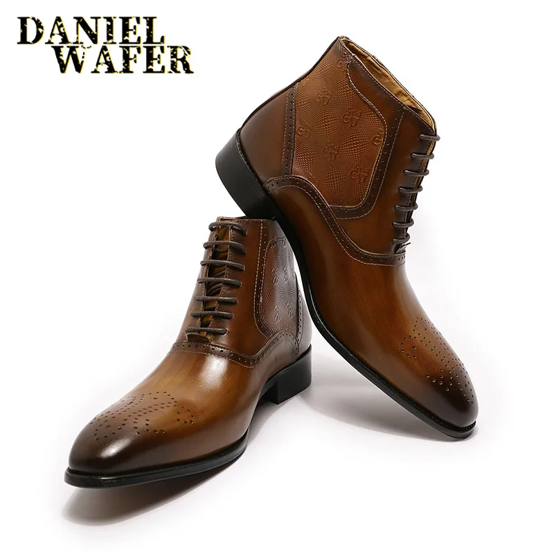 Fashion Brand Ankle Boots Luxury Men\'s Dress Boots Black Brown Handmade Lace Up Pointed Toe Genuine Leather Basic Formal Shoes