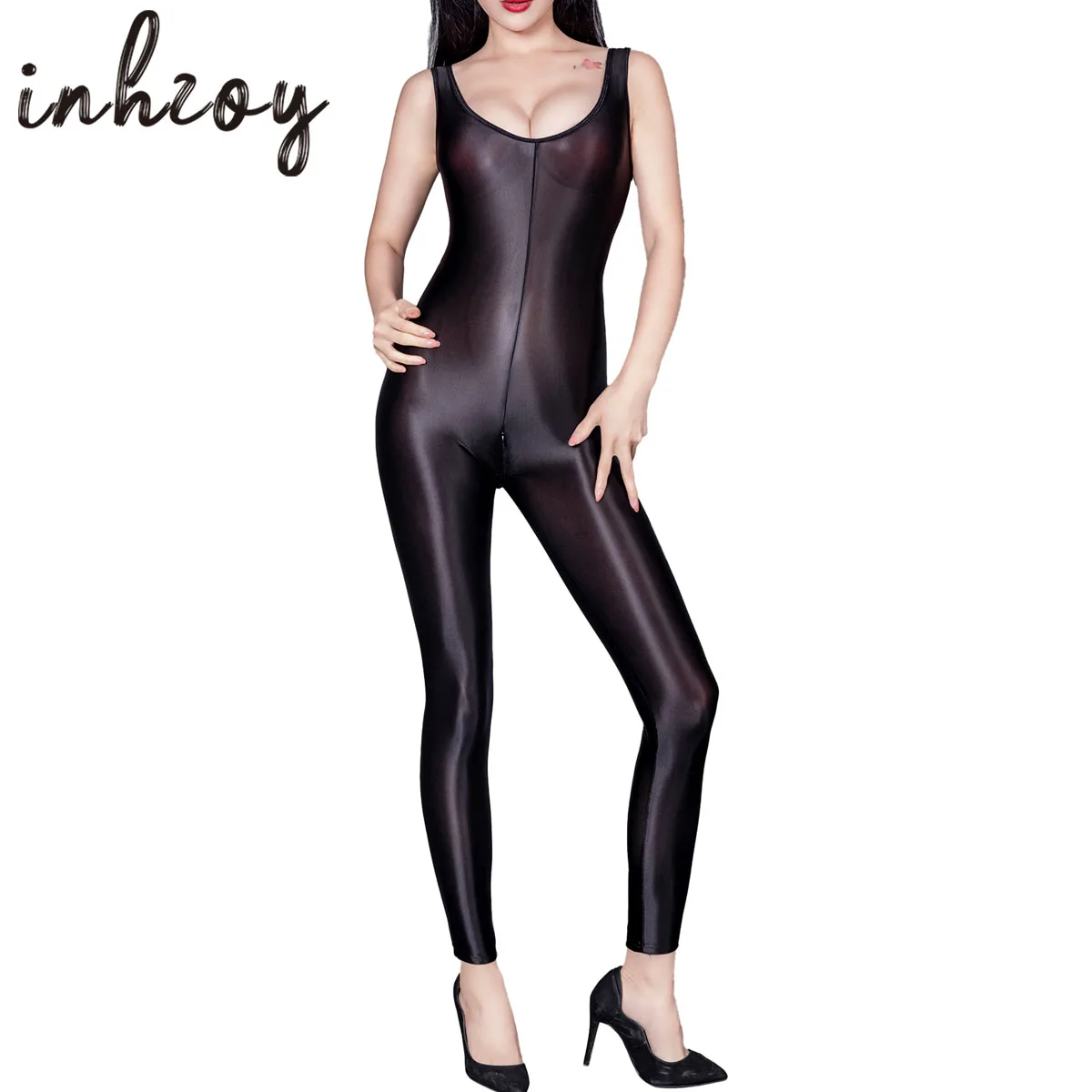 

Womens Glossy Full Body Stocking Bodysuit Oil Shiny Ultra Thin See Through Zipper Crotch Tank Jumpsuit Gym Pole Dance Clubwear