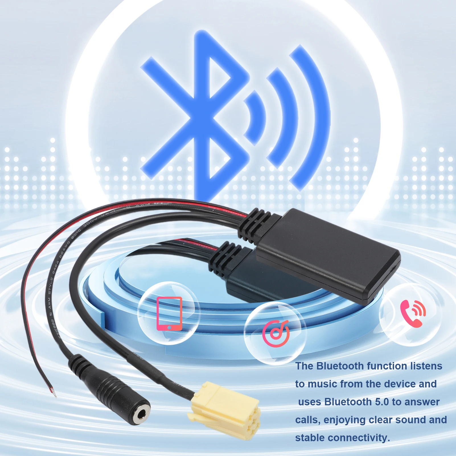 Kabel AUX Bluetooth, adapter do samochodu Bluetooth 5.0 z adapterem mikrofonu Zestaw głośnomówiący AUX Bluetooth do Fiat 500/Grande Punto — zdjęcie 3
