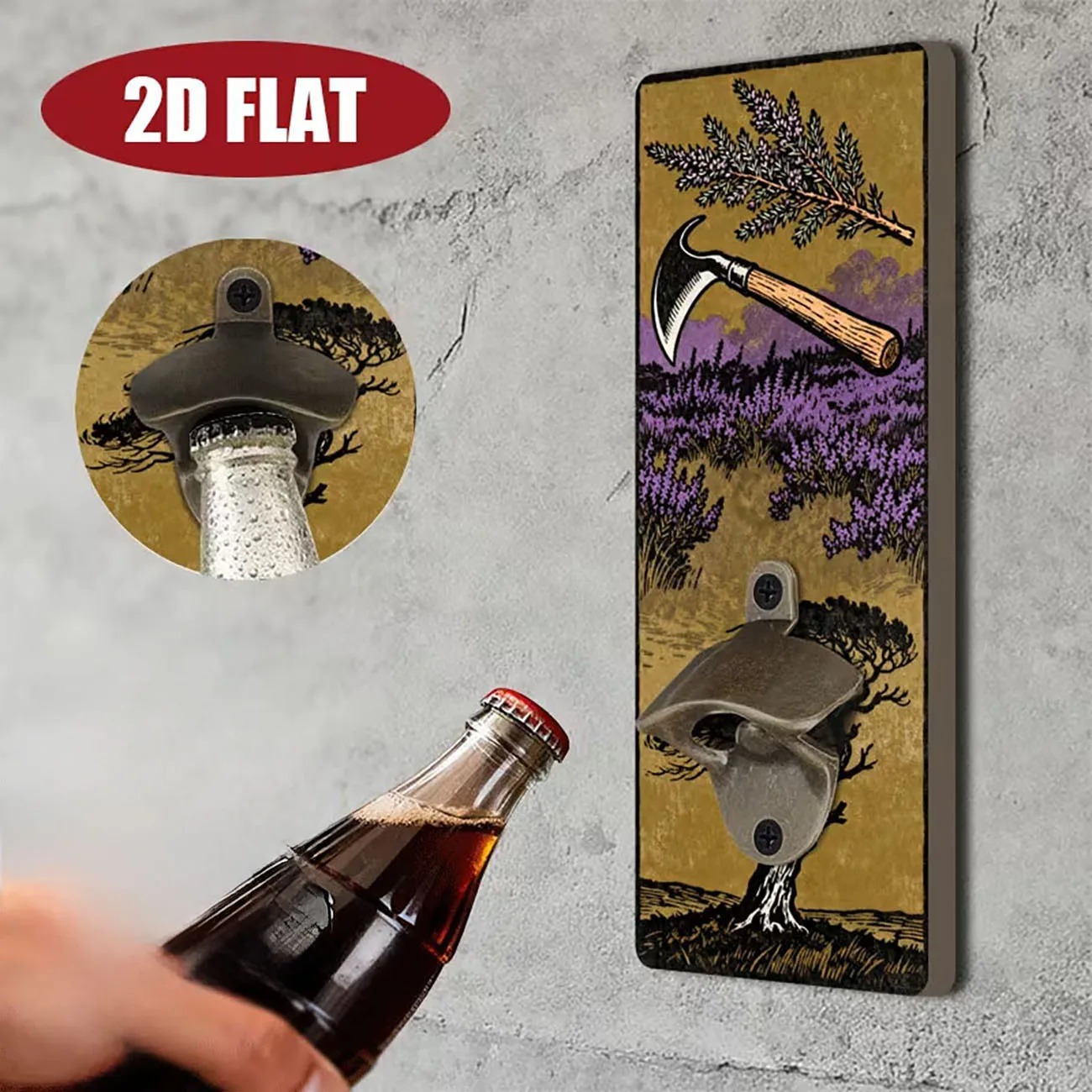 1 ouvre-bouteille avec base en bois, ouvre-bouteille mural suspendu, plat 2D, décoration pour bar à domicile