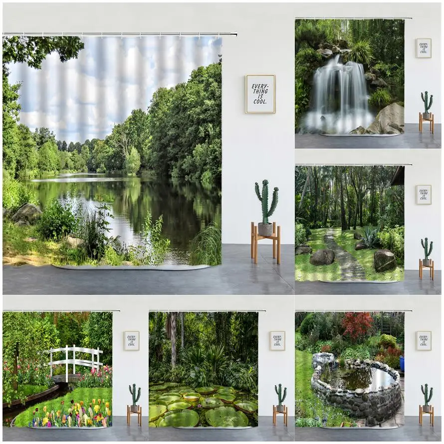 Rural Nature Landscape Shower Curtain Forest Lake Spring Park Flowers Bath Curtains Waterproof Fabric Bathroom Bathtub Decor Set