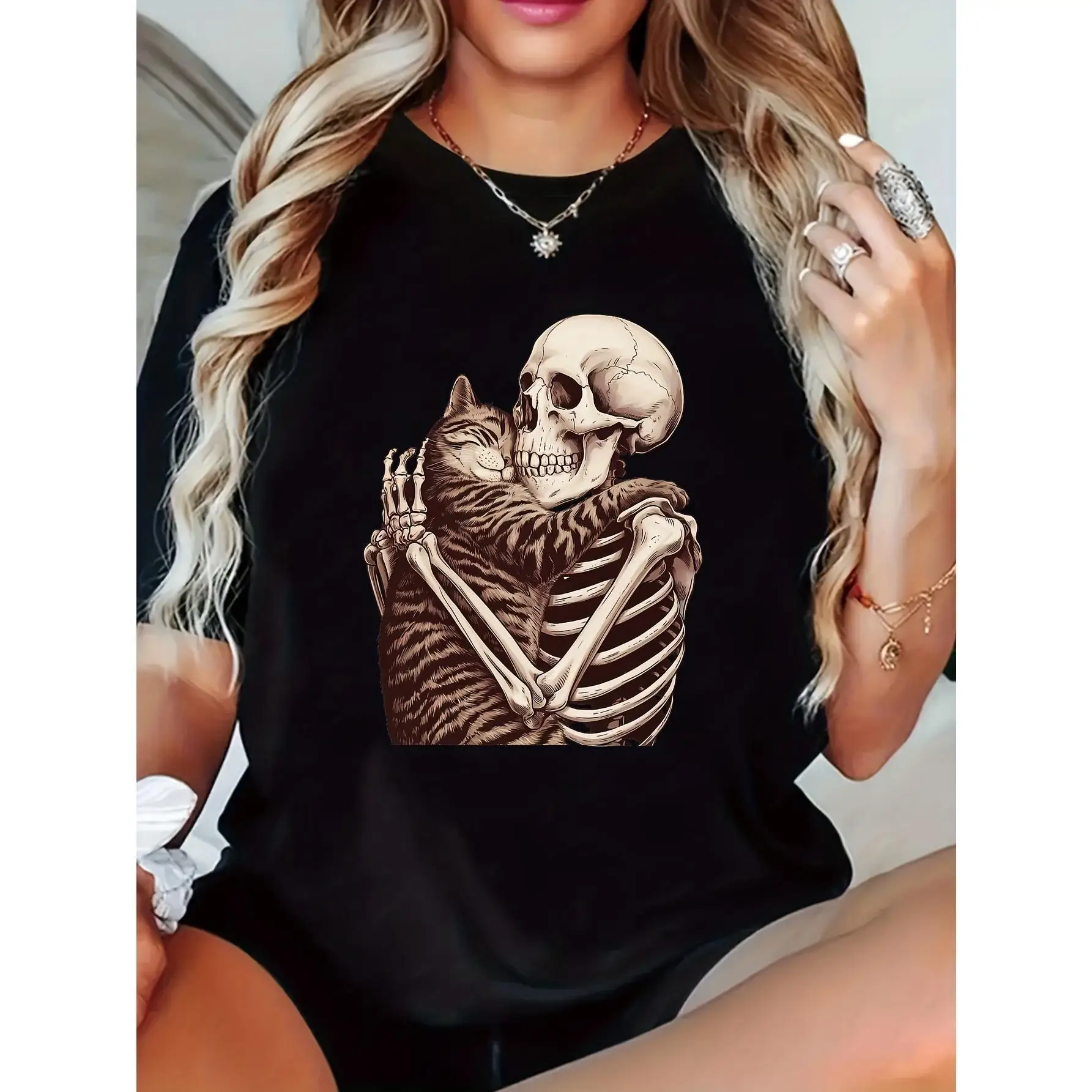 

Women'S Casual Crew Neck T-Shirt with Skeleton and Cat Father'S Day Print, Short Sleeve, Regular Fit, Slight Stretch Fabric