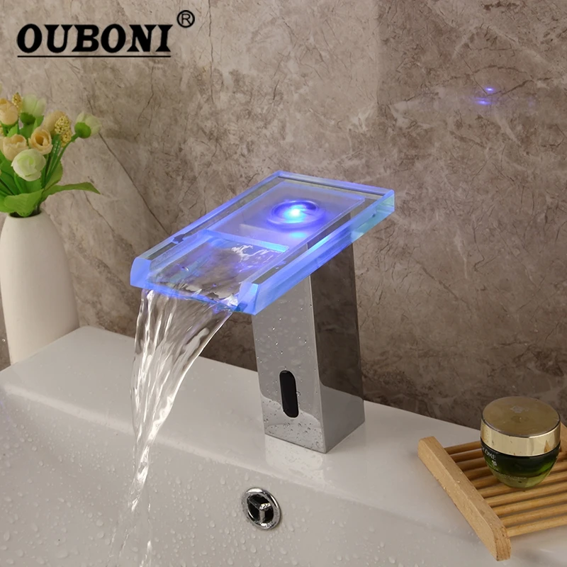 

OUBONI LED Light Chrome Polished Automatic Sensor Faucet Bathroom Basin Sink Glass Waterfall Water Touch Sense Faucet Mixer Tap