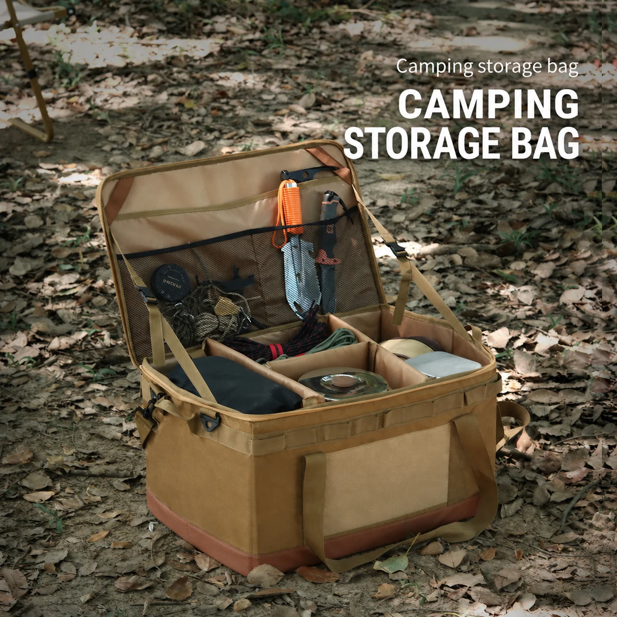60L Taktische Camping-Aufbewahrungstasche, Großer Organizer für Kochgeschirr & Outdoor-Ausrüstung, 600D Wasserabweisendes Oxford-Gewebe, Khaki/Schwarz