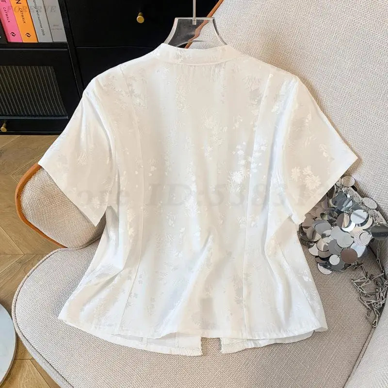 Chinese Tradition Shirt Women Jacquard Blouse Loose Cheongsam Top Summer Short Sleeves Shirts Women Hanfu Tang Clothes Tops