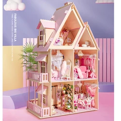 DIY Wooden Doll Houses Miniature Building Kit Princess Big Casa Dollhouse with Furniture Villa Toys for Girls Birthday Gifts