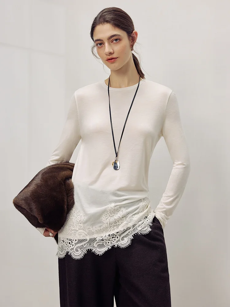 

Весенний шерстяной топ с кружевными вставками, универсальный, с круглым вырезом, для женщин, повседневный...