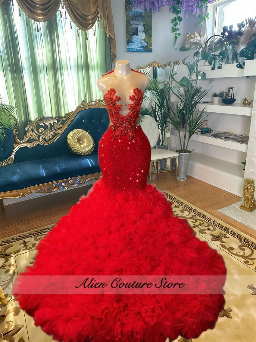 

Glitter Red Beaded Crystal Tulle Ruched Train Prom Dresses For Black Girls Mermaid Ladies Dress Special Birthday Party Customize