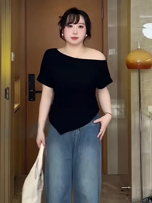 

plus Size Slimming ort Sve T-irt Irregular oulder Baring Pure Desire Sle Summer Hot Girl Top Women's Faion