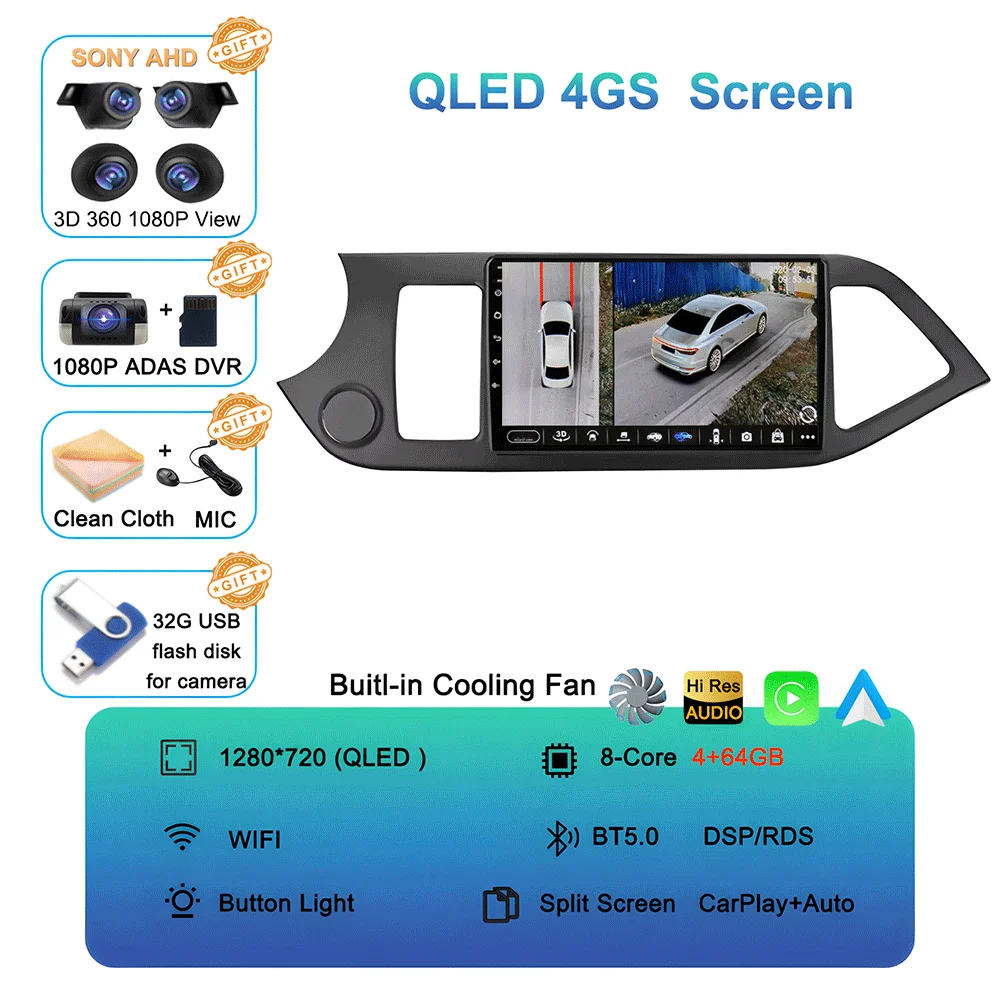 Android 16 Carplay Auto Voor KIA PICANTO Morning 2011 2012 2013 2014 2015 2016 Multimedia Auto Radio Navigatie Speler WIFI + 4G DSP