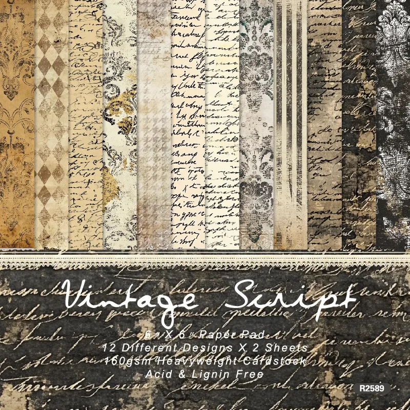 Vintage Script Old Handwriting Damask Texture 6x6 Scrapbook Paper Pad 24 Sheets Cardstock for Junk Journal Album Craft