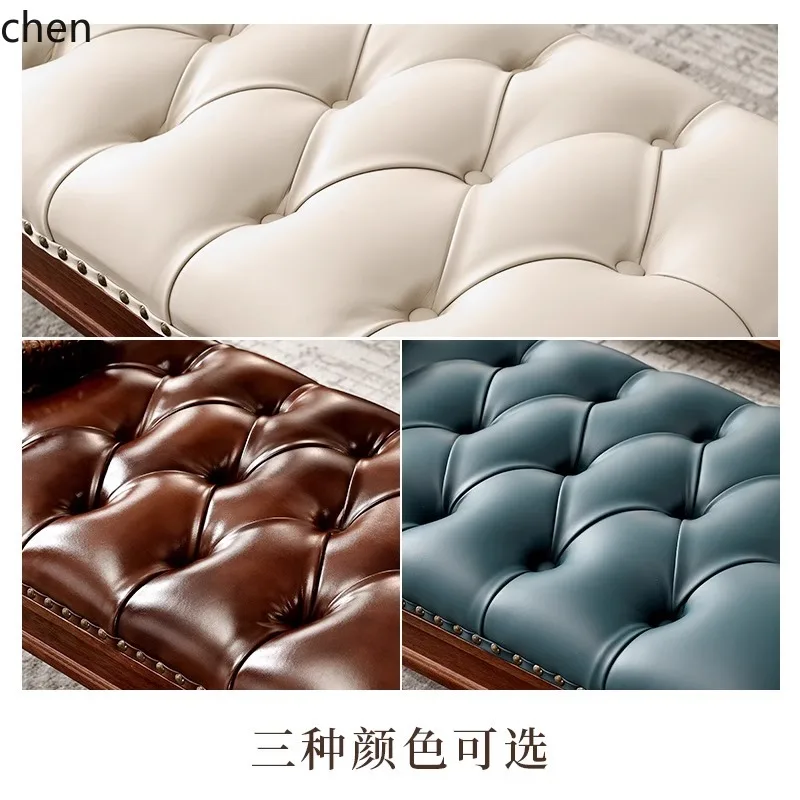 HT Country Solid Wood Bed End Stool High-End Genuine Leather Vintage Style Bed Bench Shoe Changing Long Stool