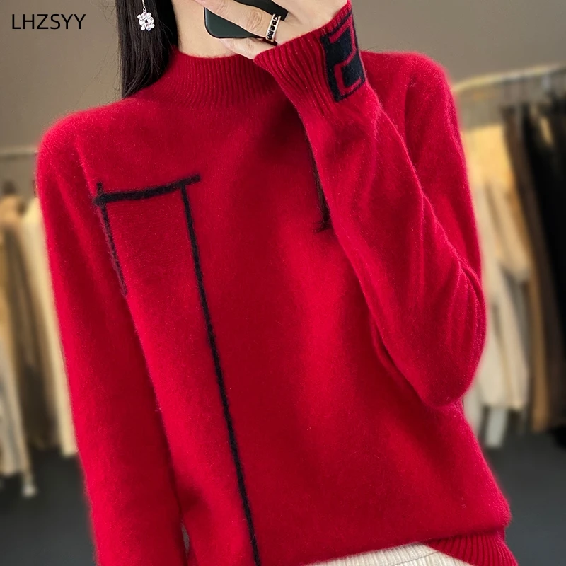 LHZSYY 2023 Autumn/Winter 100%Pure Woolen Sweater Women\' Fashion Jacquard Jumper Loose Knit Tops Half Turtleneck Cashmere Blouse