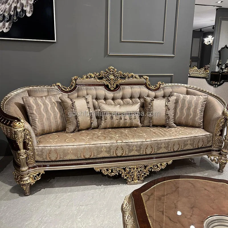 French Luxury Solid Wood Carved Sofa European Palace Gold Foil Customizable for Villa Living Room Home Furniture