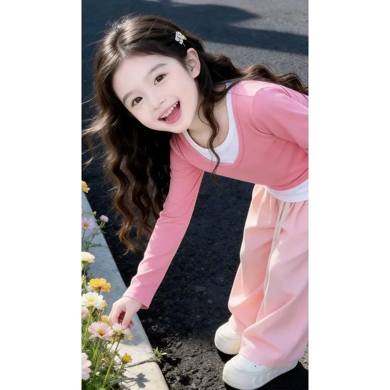 Girls' suit, dopamine-inspired thin spring outfit, new style, sweet pink and white top, straight-leg pants, trendy