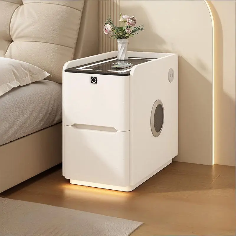 Smart Multi-functional Nightstand LED Light Wireless Charging USB Interface Storage Glass Top Wood Frame Ultra Narrow Modern