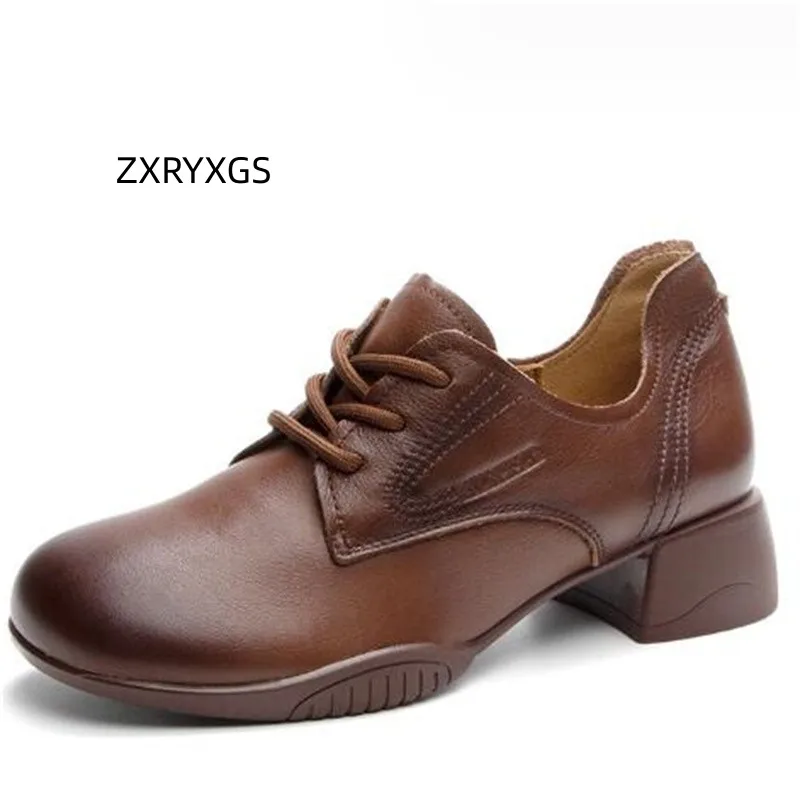 

ZXRYXGS 2023 British Style High Quality Full Real Leather Shoes Woman New Thick Middle Heel Soft Sole Lace-up Women Shoes Trend