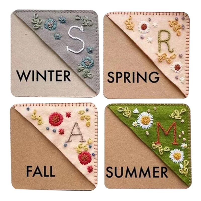 4PCS Hand Embroidered Corner Bookmark Felt Corner Letter Bookmark Flower Letter Embroidery Bookmarks