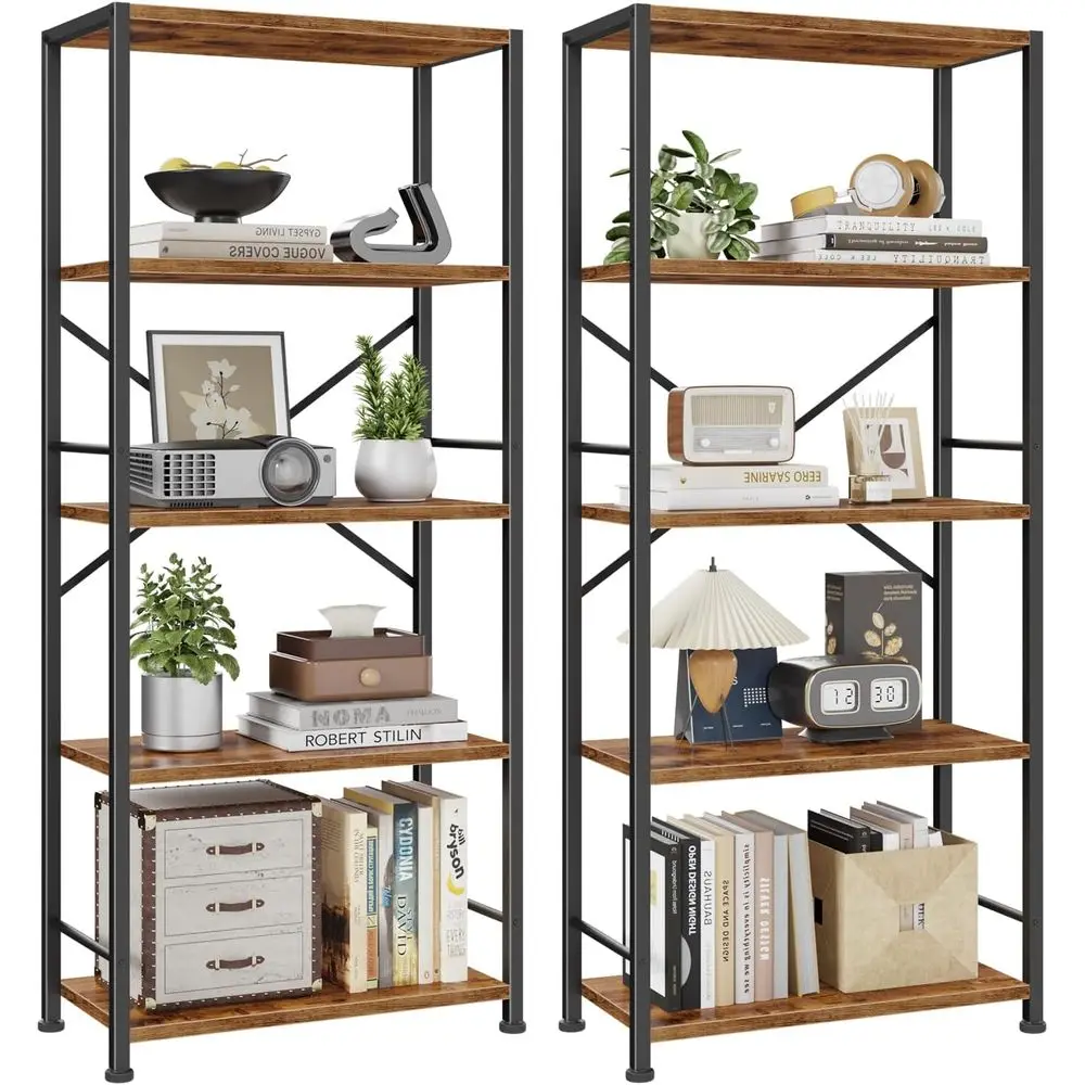 

Набор из 5-ярусных книжных полок, 2 высоких широких полки, открытый книжный шкаф в индустриальном стиле, органайзер для хранения для гостиной, домашнего офиса, спальни