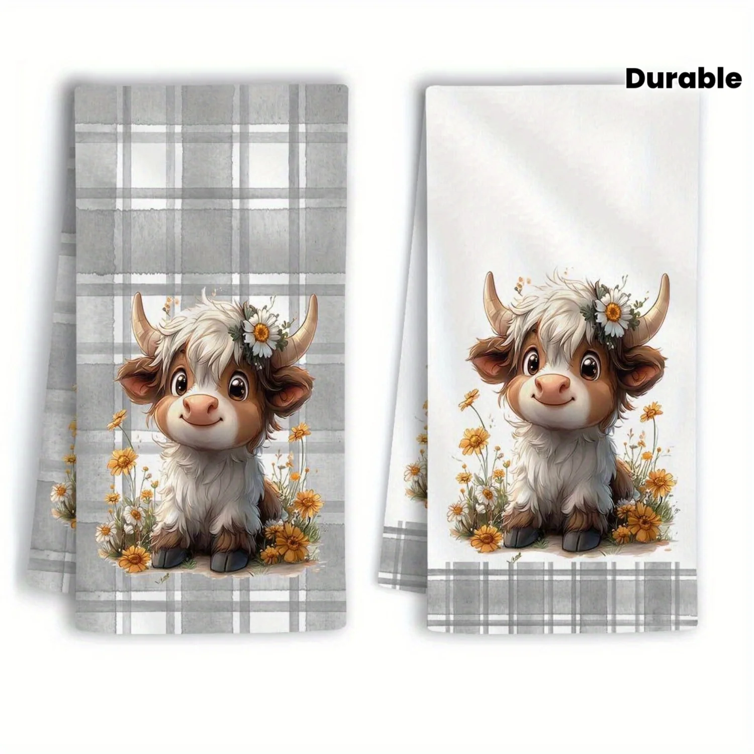 2 Stück Highland Cow Geschirrtücher mit Blumenmuster und Karomuster – weiche, saugfähige Küchen- und Badetücher aus Polyester