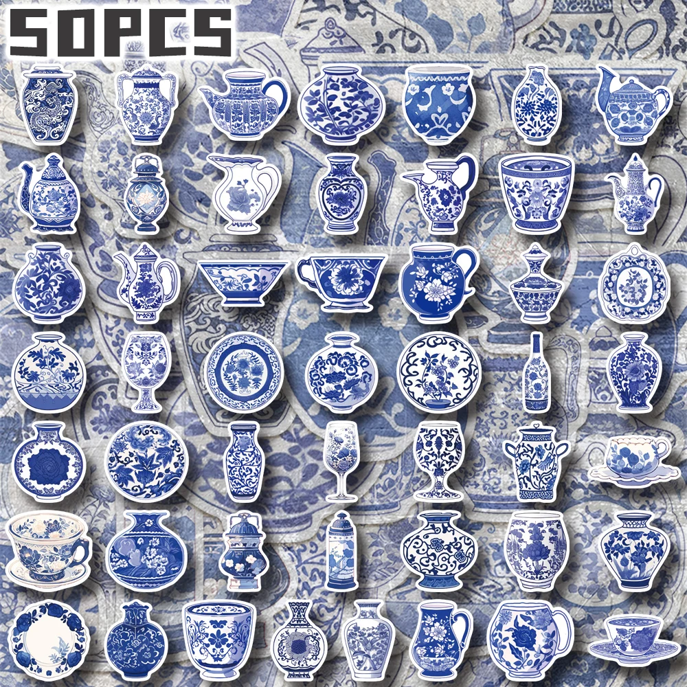 50pcs blue and white porcelain non-repeating stickers for holiday gift party decors Back to school Class reward Birthday gift