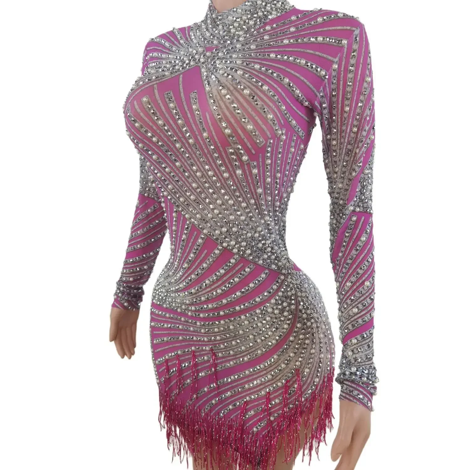 Luxury Prom Dresses for Women 2023 Pink Mini Skirt Sequins Rhinestone Tassel Womens Dress Vestido De Manga Larga