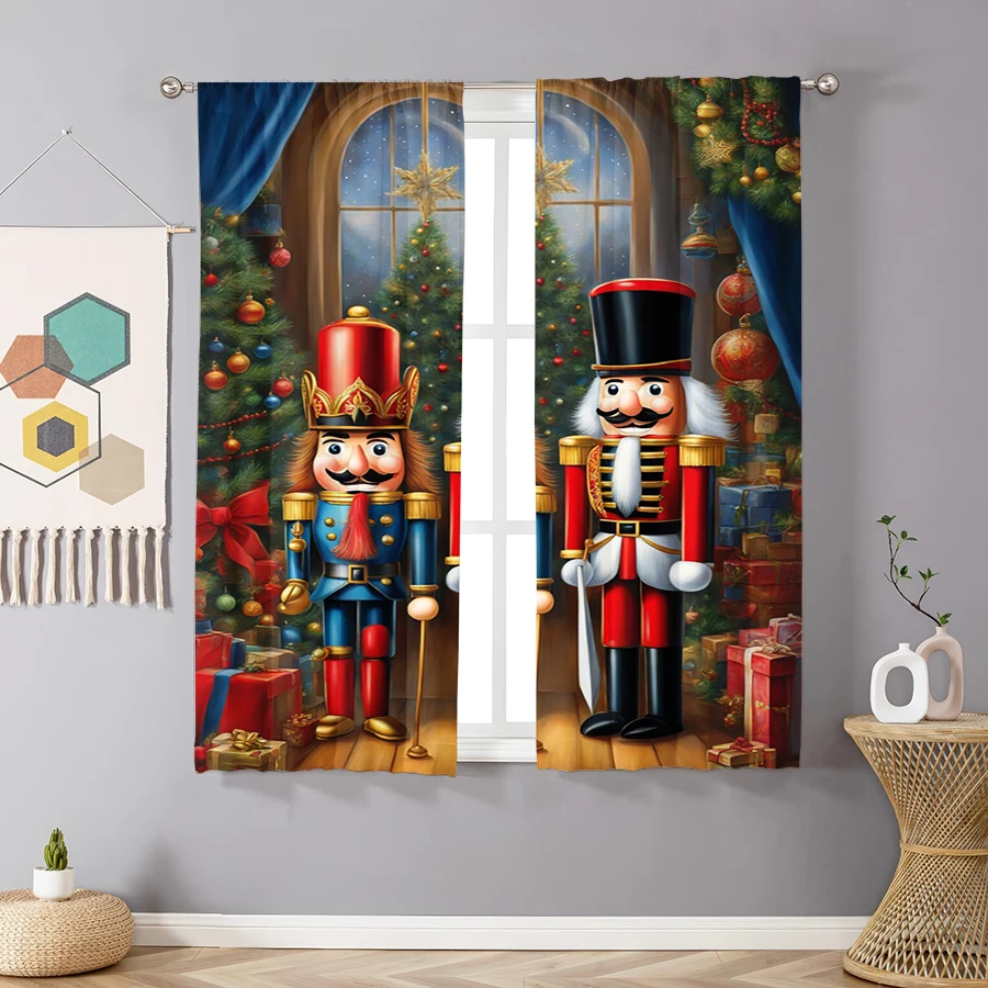 2PCS Christmas Winter Curtains, Nutcracker Christmas Tree, Digital Print, Bedroom Living Room, Rod Pocket Polyester, Home Decor