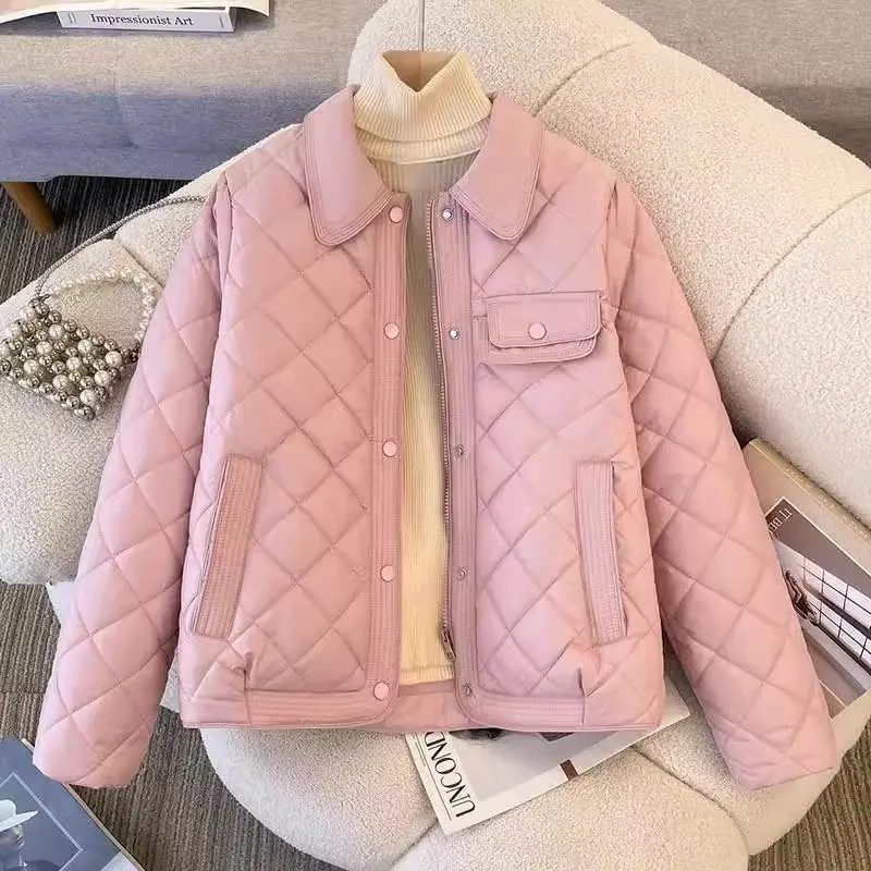 Fashion 2024 Winter Clothing Doll Collar Small Cotton Coat Large Size Diamond Grid Thickened Down Cotton Women's Jacket A763