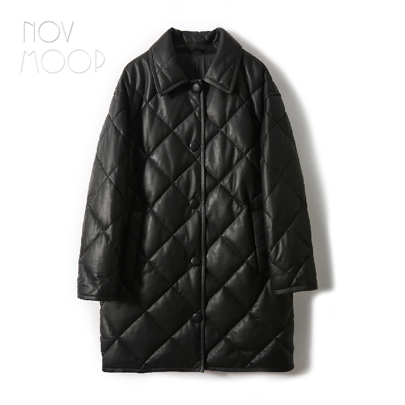 Novmoop genuine leather women coat quilted duck down winter long coat office lady elegant style soft warm LT3586