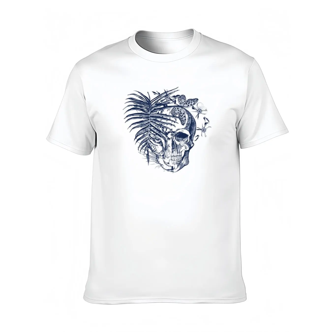 

Men's Premium Cotton Tee With Skull Palm Leaf Print, Soft Casual Shirt For Outdoor Activities, Thanksgiving Gift