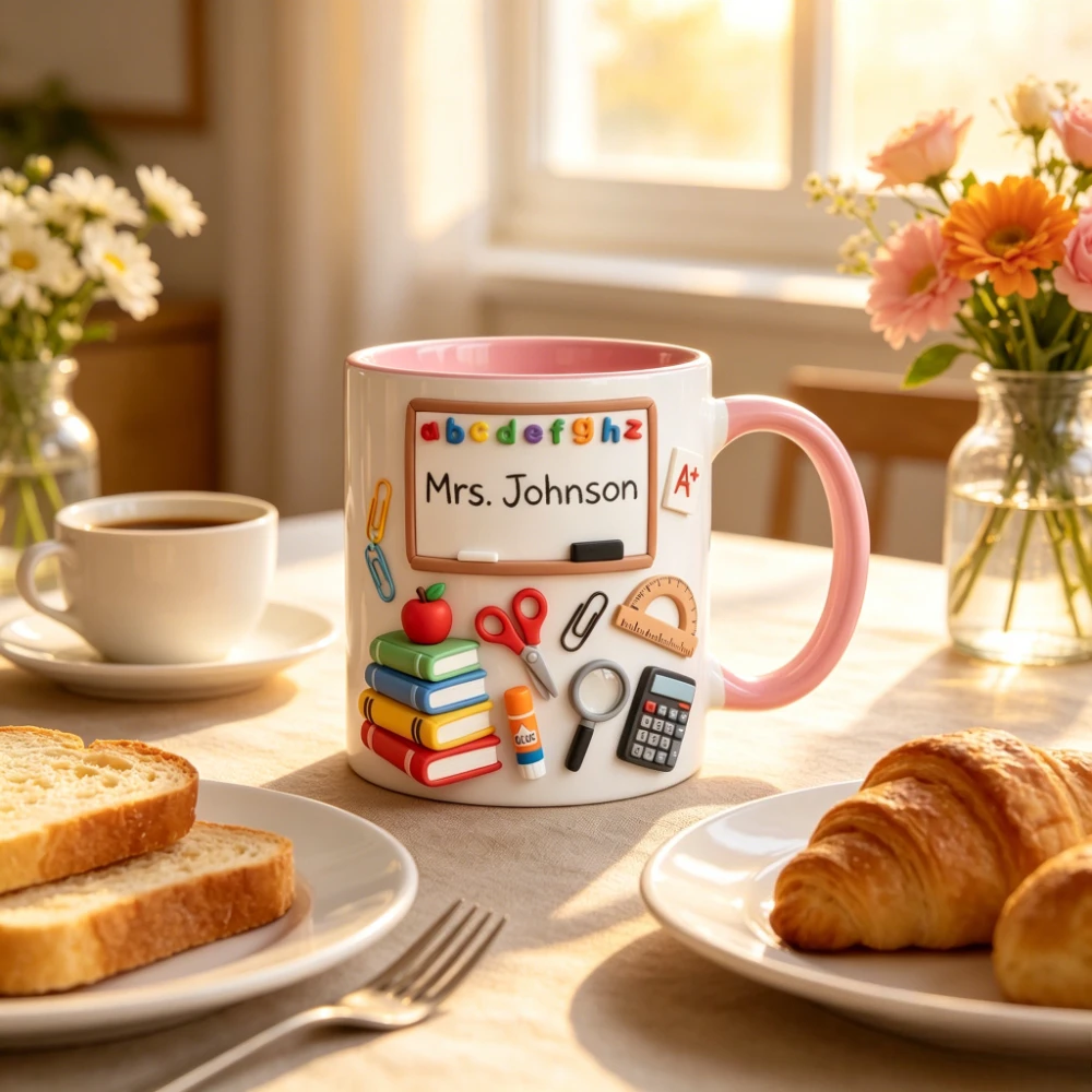 Custom Name Pink Teacher Mug 2D Printing 11oz Ceramic Cup Thank You Gift for Kindergarten Elementary Teacher