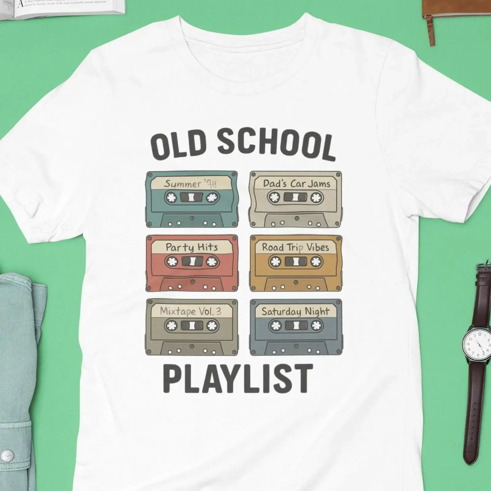 Old School Playlist T Shirt Retro Cassette Tapes 80s 90s Mixtape Vintage Music Lover Dad Jams Casual Top vintage Washed Soft