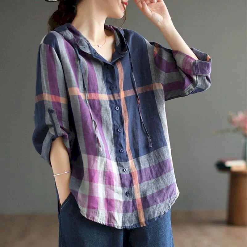 

Plaid Shirts for Women Vintage Hooded Causal Cardigan Long Sleeve Casual Korean Fashion Single Breasted Loose Blouse Women Tops