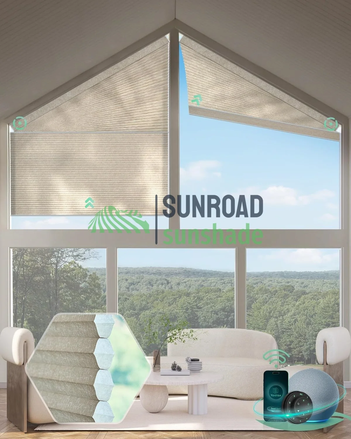 Custom made Sunroad Triangular/Honeycomb Skylight Shades +Sun-Shading Honeycomb Blinds