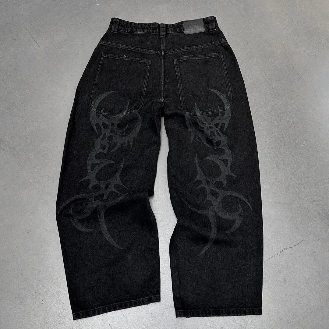 Harajuku Y2k Jeans Goth Hip Hop Patroon Oversized Pocket Ripped Zwart Baggy Jeans Casual Nieuwe Heren Dames Denim Broek Streetwear