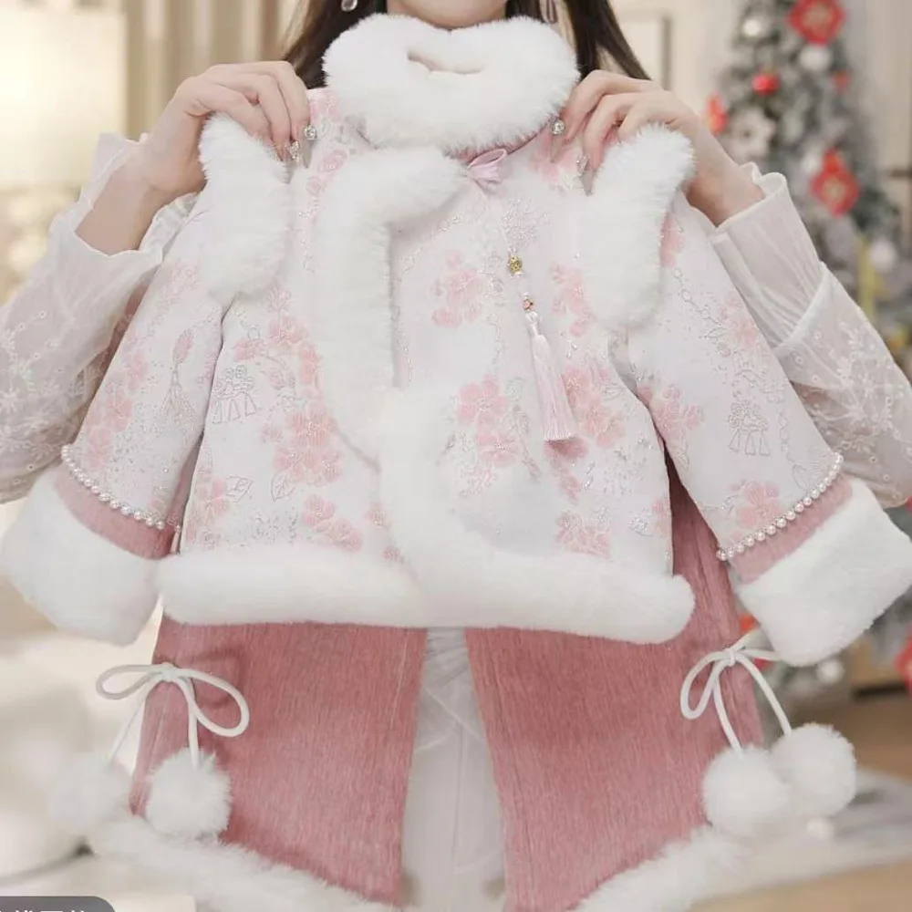 

2025 зимний костюм для девочек с подкладкой, новый китайский модный утепленный топ с мехом и брюками, комплект из двух предметов, 90-150 см