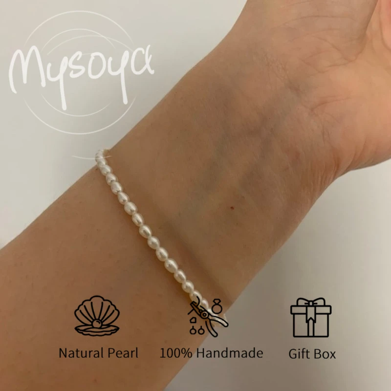 

MYSOYA White Rice-shaped Freshwater Pearl Bracelet 3-4mm With Gift Box For Her/Him Birthday/Wedding/Christmas/New Year Gifts