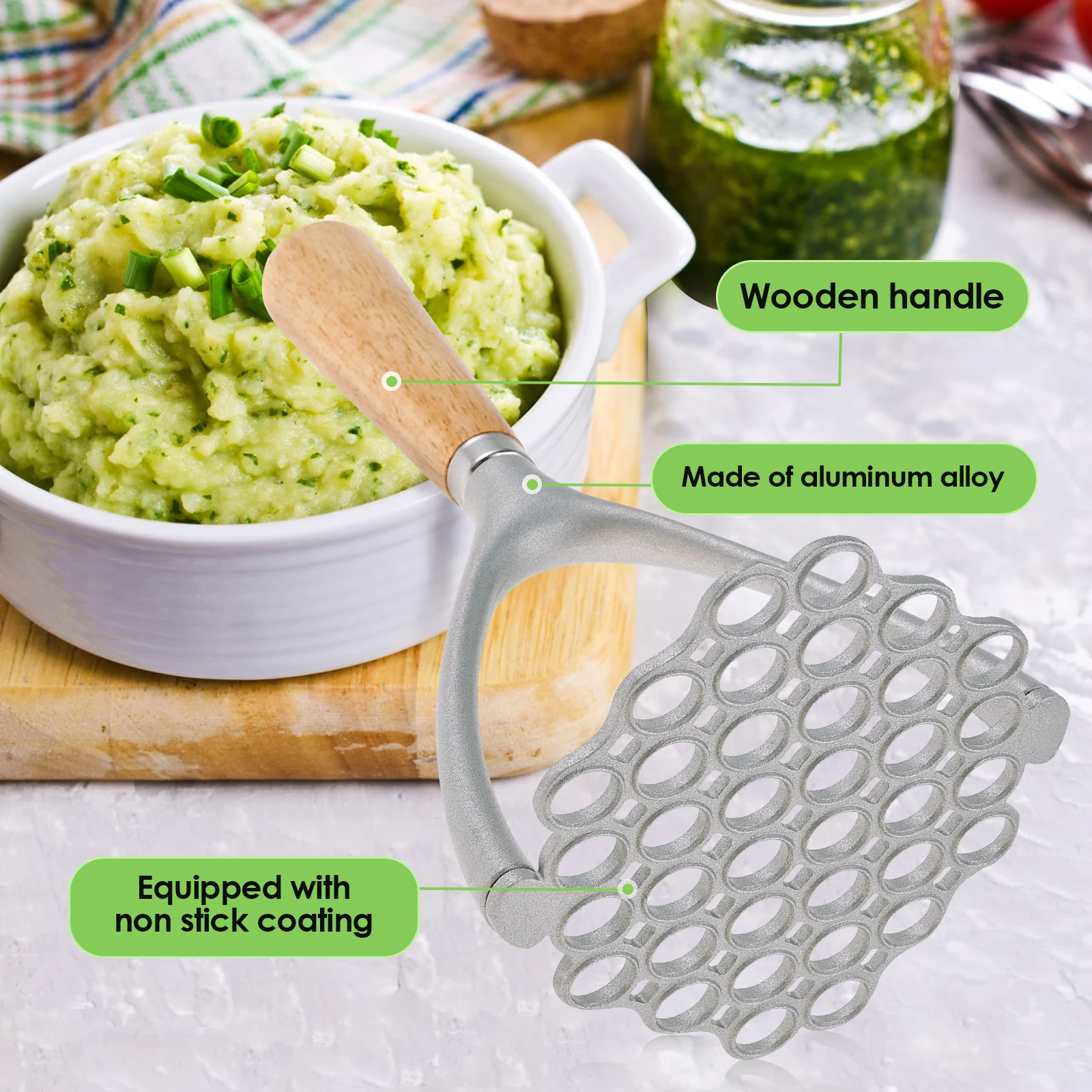 Manual Potato Masher with Ergonomic Handle Non Stick Potato Press Practical Potato Smasher Ricer Vegetable Masher Kitchen Gadget