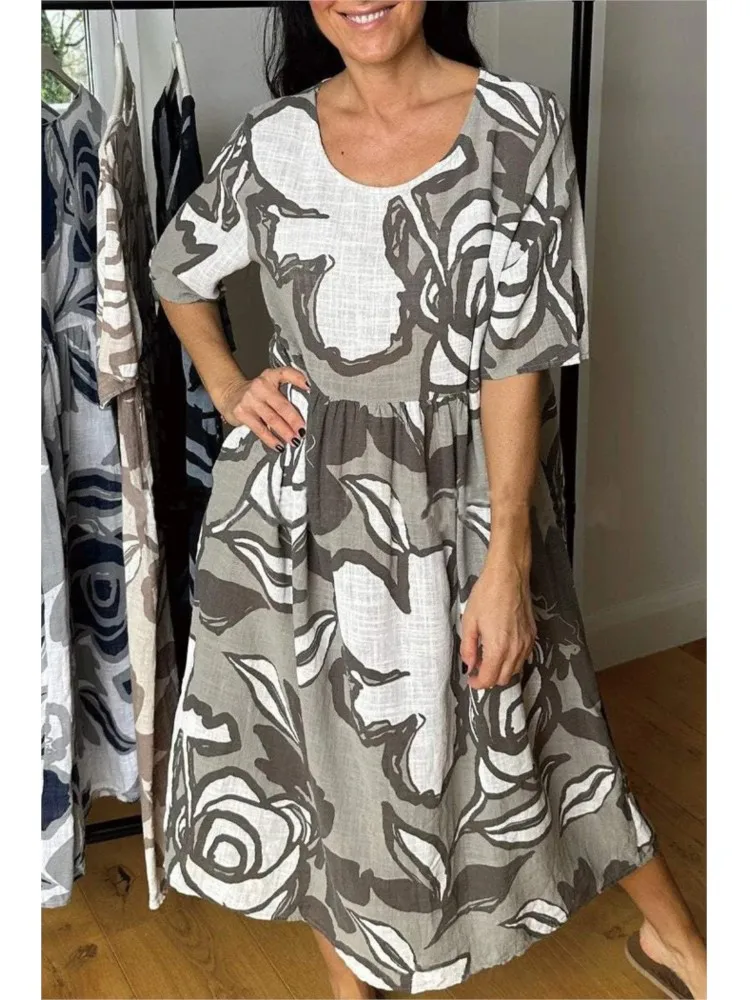 فساتين صيفية جديدة مطبوعة بألوان جديدة لعام 2025 مع فستان فضفاض غير رسمي وعصري متوسط الطول فوق الركبة