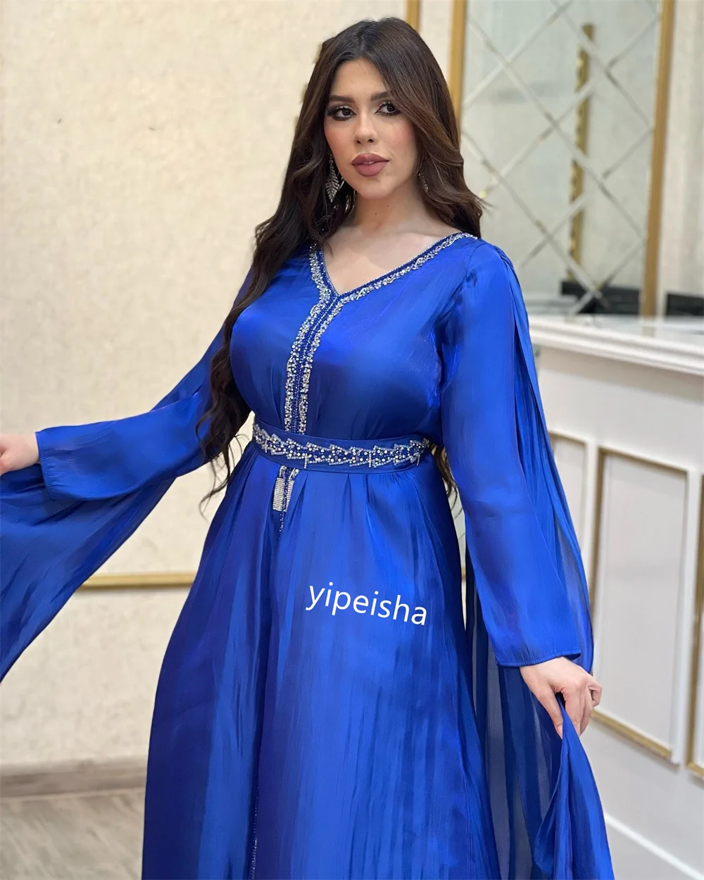 Customized  Satin Beading Draped Homecoming A-line V-neck Bespoke Occasion Gown Midi Dresses Saudi Arabia  